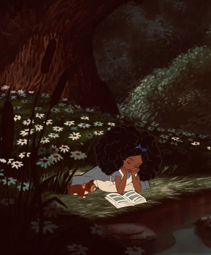 An illustrated young girl with curly hair reading a book in a meadow of wildflowers
