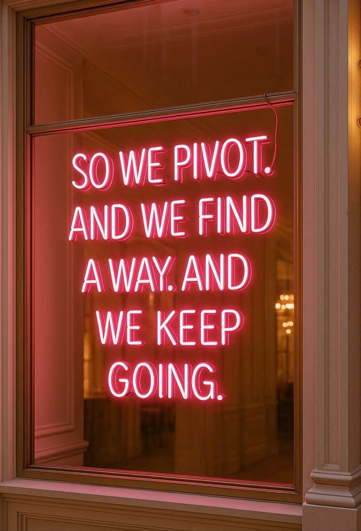 Neon sign reading so we pivot and we find a way and we keep going